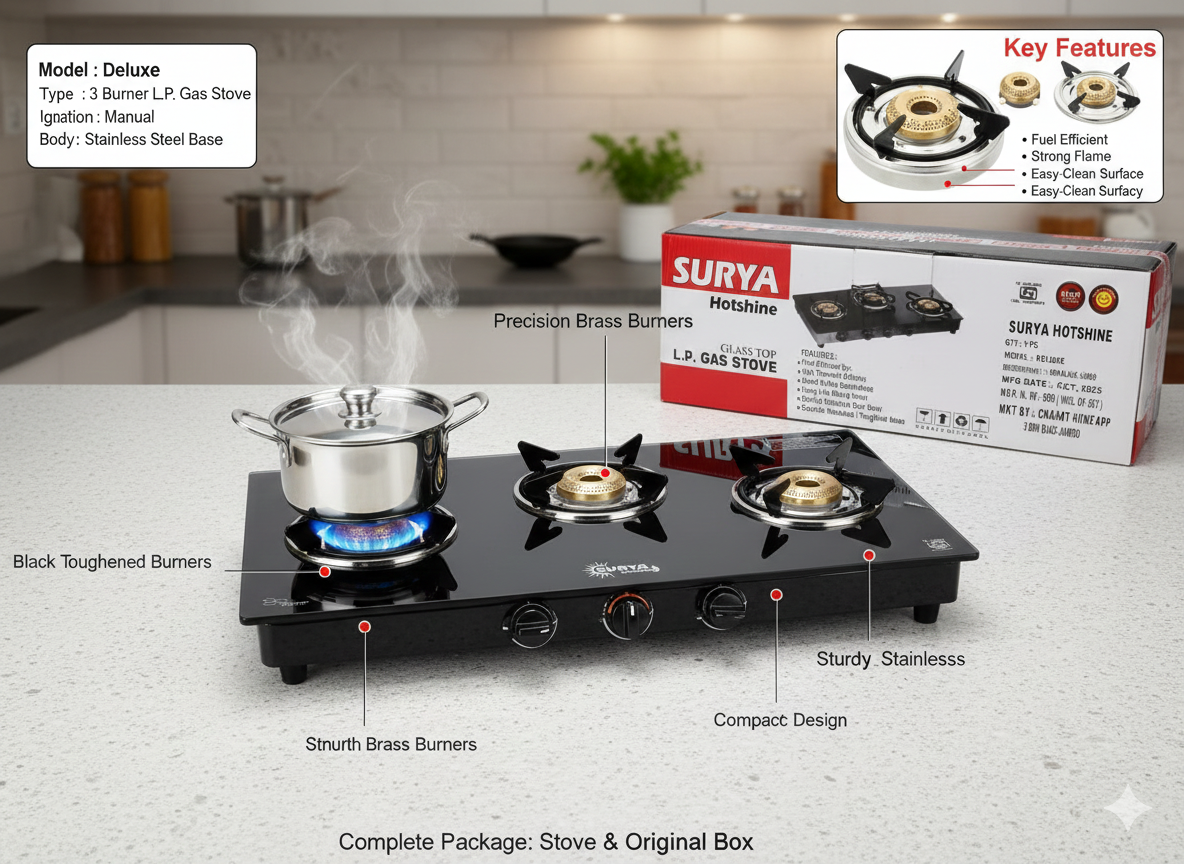 3-Burner Black Glass Top Gas Stove - Image 8