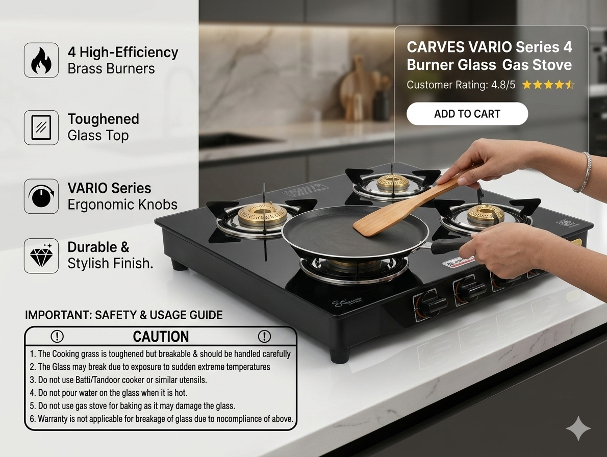 Premium 4 Burner Black Glass Gas Stove