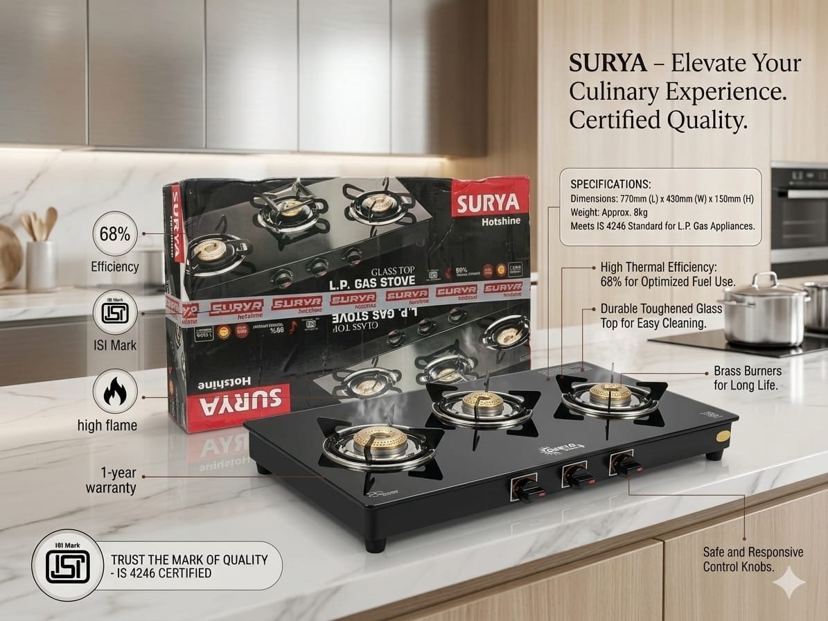 3-Burner Black Glass Top Gas Stove